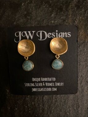 JW Designs Gold Vermeil Drop Earrings with Aqua Stones